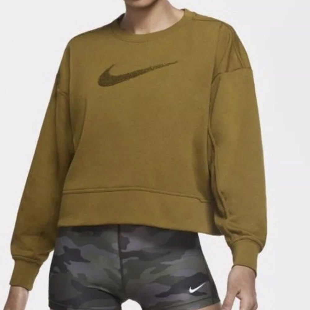 Nike Green Sherpa textured big logo Oversized Cropped Crew neck Sweatshirt